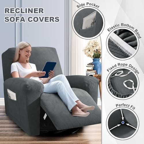 JIVINER Dark Gray Recliner Chair Covers, 3 Pieces Stay in PlaceStretch Cover for Washing Recliner Seat with Pockets