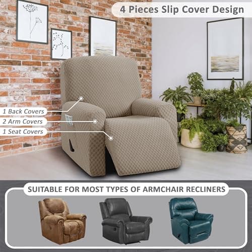 ULTICOR 4-Piece Stretch Recliner Cover, Jacquared for 1 Cushion Reclining Sofa (Taupe)