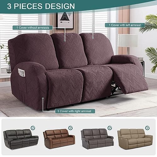 Ruaozz Washable Recliner Sofa Cover with Pockets for 3-Seater Couches (Dark Coffee)