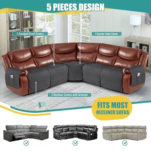 Ruaozz Extra Large Waterproof Recliner Sectional Couch Cover for L Shape 5 Seat Reclining Sofa (Charcoal Grey, OEKO-TEX STANDARD 100)
| Ruaozz L Shape 5 Seat Recliner Sectional Couch Cover with Pockets (Extra Large, Charcoal Grey, OEKO-TEX STANDARD