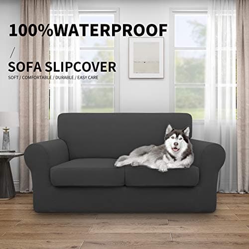 Dual Waterproof Loveseat Cover for Dogs and Kids, Dark Gray Stretch Couch Protector