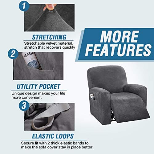 H.VERSAILTEX Velvet Stretch Recliner Chair Covers, Gray