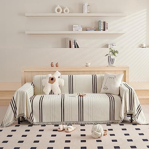 DREAMINGO Thickened Chenille Couch Cover, X-Large Brown, Multi-Use Dog and Cat Protector — A1# Dark Grey(vertical Stripe)