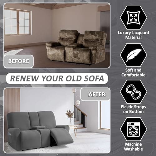 ULTICOR Dark Grey Jacquard Reclining Loveseat Slipcover, 8-Piece Stretch Cover Set