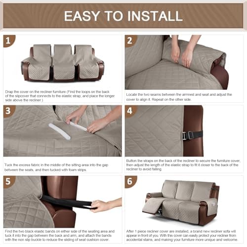 KinCam Waterproof Recliner Sofa Cover, Khaki, 3 Seat Recliner Furniture Protector