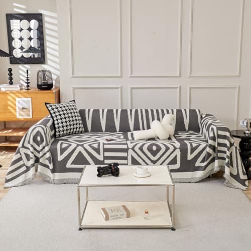 DREAMINGO Thickened Chenille Couch Cover, X-Large Brown, Multi-Use Dog and Cat Protector — A2# Dark Grey(boho Geometric)