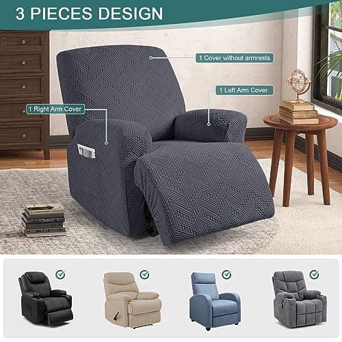 Ruaozz 3-Piece Recliner Chair Covers + Universal Sofa Cover with Elastic Straps, Dark Gray