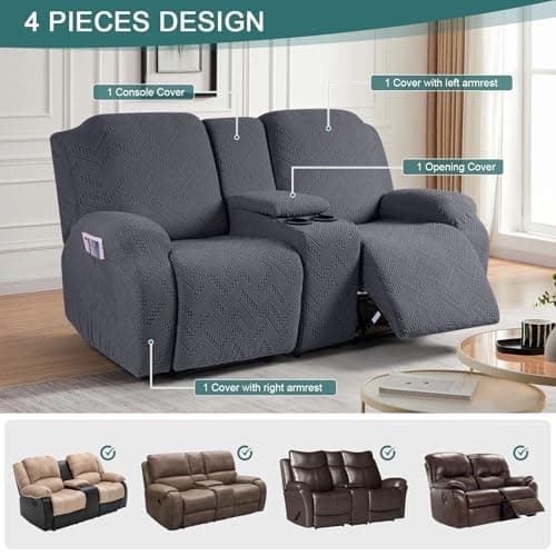 Ruaozz Dark Gray Stretch Loveseat Recliner Cover with Console Pockets