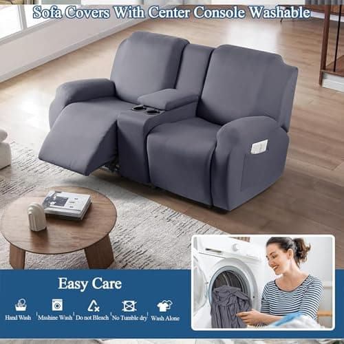Light Grey Stretch Recliner Sofa Slipcover with Console