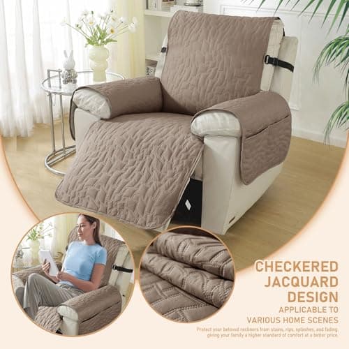 100% Waterproof Recliner Chair Covers, Non-Slip & Pockets for Kids & Pets, Khaki, 23IN