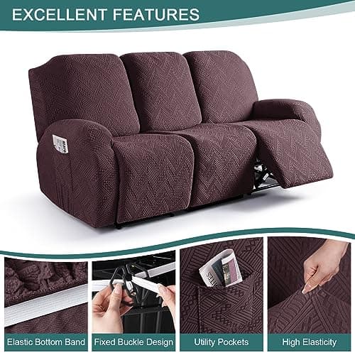Ruaozz Washable Recliner Sofa Cover with Pockets for 3-Seater Couches (Dark Coffee)