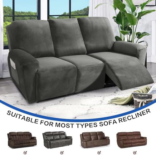 MAXIJIN Stretch Velvet Reclining Sofa Covers, 8 Pieces Grey (3 Cushion)