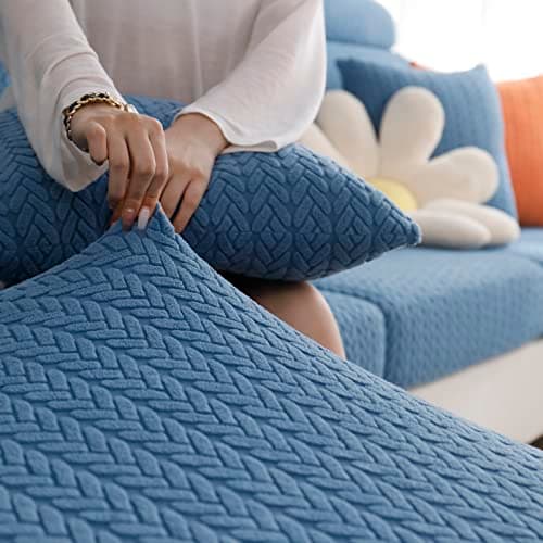 Elastic Couch & Sectional Slipcovers L-Shaped Chaise Grey/White Living Room Furniture Protector — A Wheat Blue
