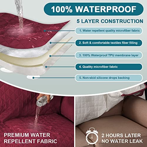 Burgundy 100% Waterproof Couch Cover for 3 Cushion Sofa (Sofa 70") Pet Friendly