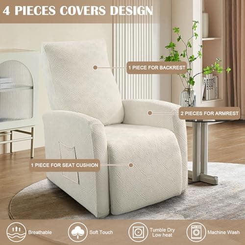Jacquard Recliner Chair Cover, Light Beige, 4 Piece Set for Small Sofas