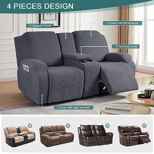 Stretch Loveseat Recliner Covers with Console and Pockets - 2 Seater, Dark Gray