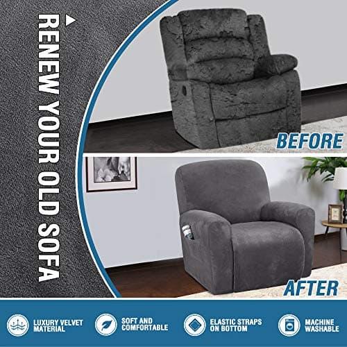 H.VERSAILTEX Velvet Stretch Recliner Chair Covers, Gray