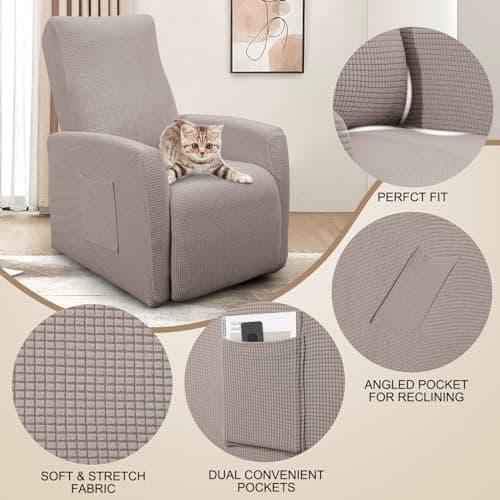 Jacquard Recliner Chair Cover, Taupe, Recliner Protector with Pocket
