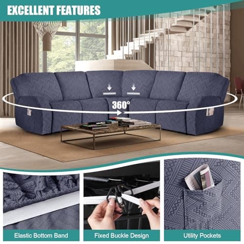 Ruaozz Grey L-Shaped Stretch Recliner & Left Chaise Sofa Cover