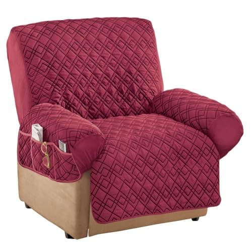 Burgundy Diamond-Shape Quilted Stretch Recliner Cover with Storage, Furniture Protector