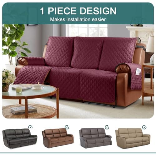 Ruaozz Waterproof Recliner Sofa Cover with Elastic Straps and Pocket for Kids, Dogs, Pets (Wine, 3 Seater)