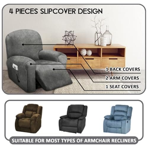 ULTICOR 4-Piece Velvet Recliner Cover, Dark Grey