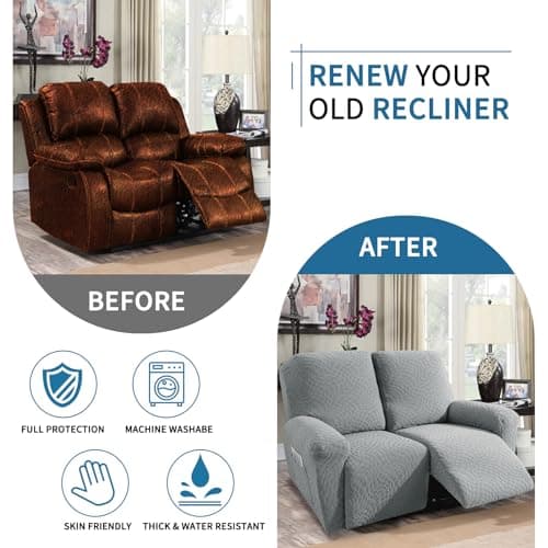 Light Gray Stretch Recliner Love Seat Cover 48-66", Elastic Ties, Washable