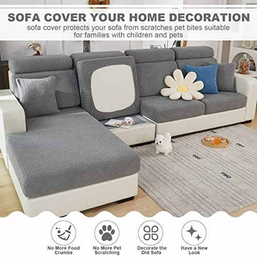 2025 Wear-Resistant Stretch L-Shaped Chaise Lounger Sofa Covers (Weave Grey)