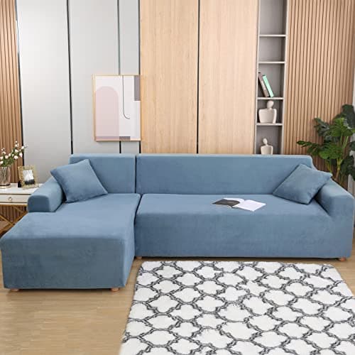 Dark Grey Velvet Stretch Couch Covers for 3+3 Seater L-Shaped Sectionals (Anti-Slip) — Blue