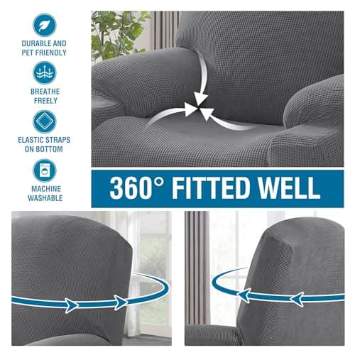 H.VERSAILTEX Grey Soft Thick Jacquard Stretch Recliner Cover with Side Pocket