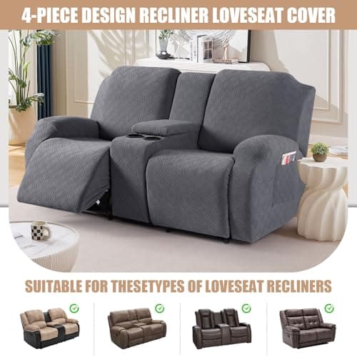 VANSOFY Jacquard Stretch Reclining Sofa Cover for 2 Seat with Console (Dark Gray)