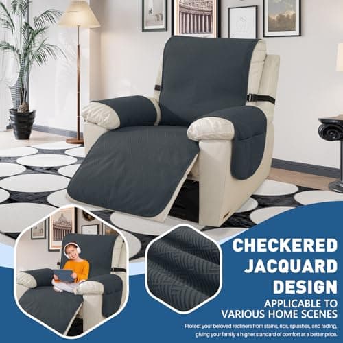 Easehomey Waterproof Recliner Chair Cover, Non-Slip, Elastic Straps, Two Pockets, Washable (Dark Grey, 23.6")