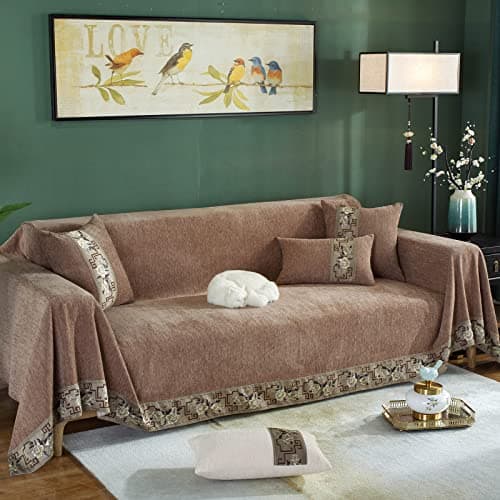DREAMINGO Thickened Chenille Couch Cover, X-Large Brown, Multi-Use Dog and Cat Protector