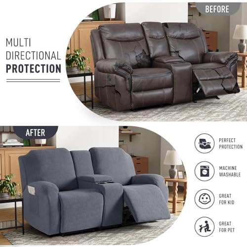 KinCam Loveseat Recliner Slipcover with Middle Console, 2 Seat Couch Protector (Dark Gray)