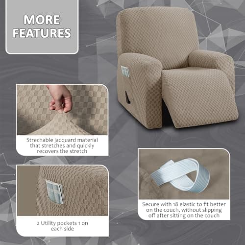 ULTICOR 4-Piece Stretch Recliner Cover, Jacquared for 1 Cushion Reclining Sofa (Taupe)