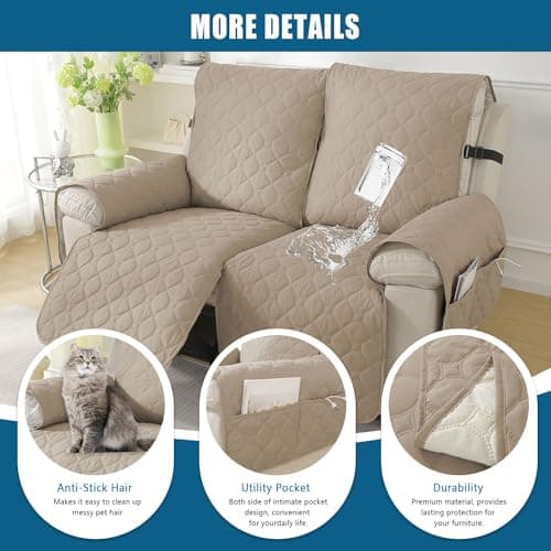 100% Waterproof Non-Slip Recliner Sofa Cover, Pet & Wine Protection (Beige, Loveseat)