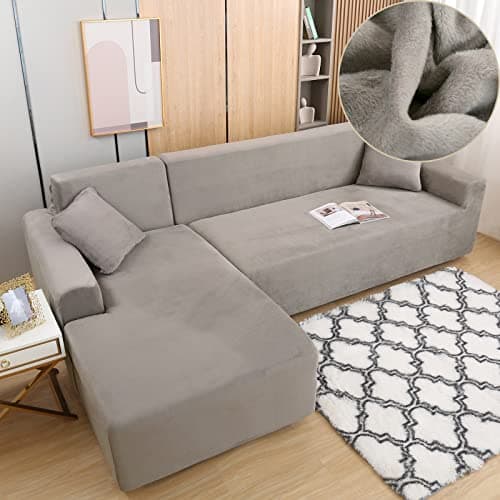 Dark Grey Velvet Stretch Couch Covers for 3+3 Seater L-Shaped Sectionals (Anti-Slip) — Grey