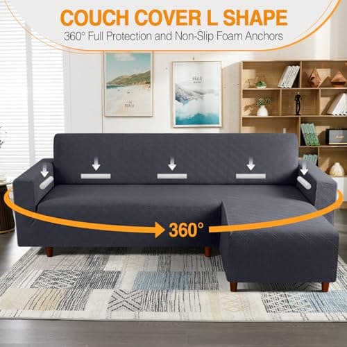 L Shaped Sofa Cover with Pillowcases for Right-Facing Sectional - Charcoal Gray
