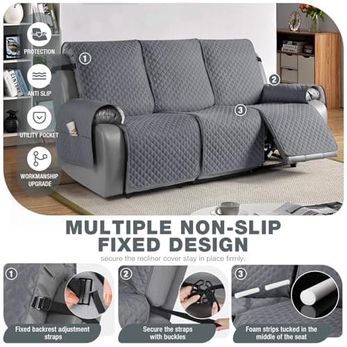 TAOCOCO Anti-Slip Leather Recliner Sofa Cover, 3 Seater, Dark Grey