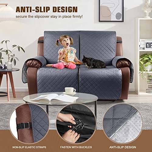 Waterproof Loveseat Recliner Cover for 2 Seat Sofa, Dark Gray - Kids and Pets Friendly