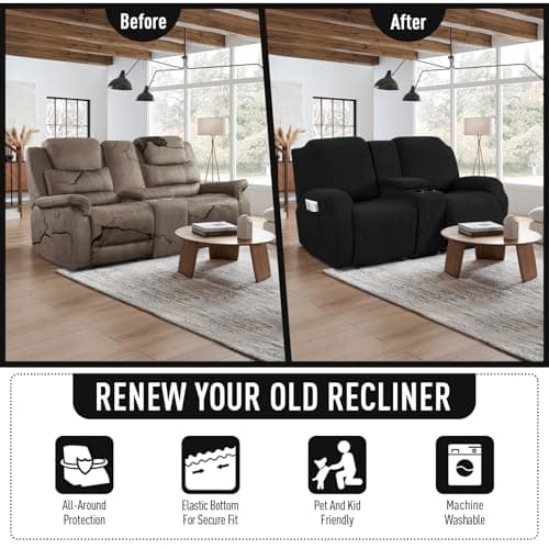 TAOCOCO Stretch Reclining Loveseat Cover, Black Jacquard Pattern