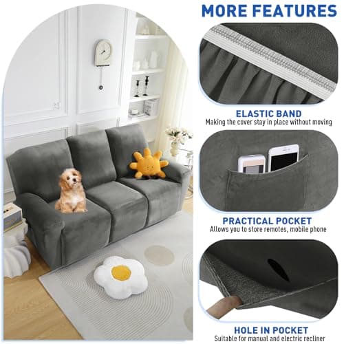 MAXIJIN Stretch Velvet Reclining Sofa Covers, 8 Pieces Grey (3 Cushion)