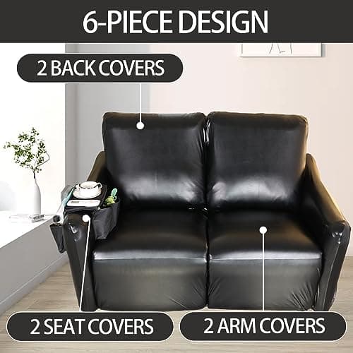 PU Leather Recliner Cover with Armrest Storage, 6-Piece Waterproof Sofa (Black)