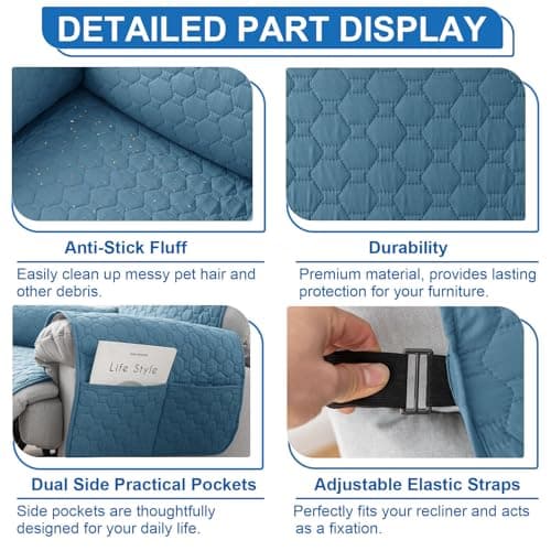 100% Waterproof Non-Slip Recliner Cover with 5 Pockets, Gray Blue
