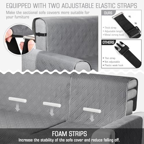 TAOCOCO Waterproof L-Shaped Sectional Sofa Covers, Large Gray, Reversible, Pet & Kids Protection