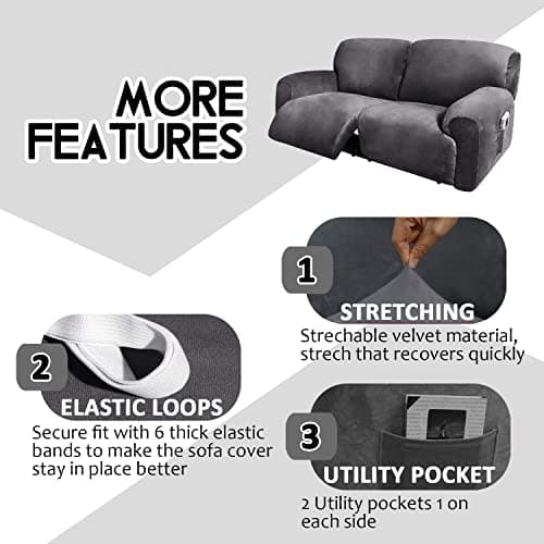 ULTICOR 75-100" Soft Washable Velvet Reclining Sofa Slipcover (Dark Grey)
