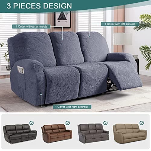 Stretch 3-Pieces Recliner Sofa Covers with Pockets, Blue Gray