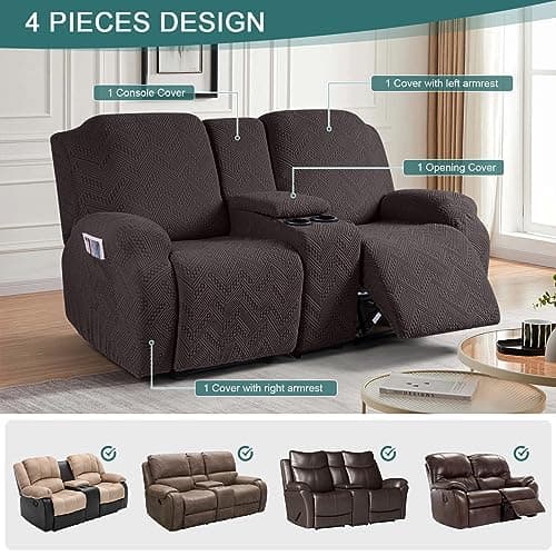 Stretch Loveseat Recliner Cover with Console - 4 Piece Sofa Cover with Pockets - Jacquard Furniture Protector for 2 Seater Couch - Chocolate