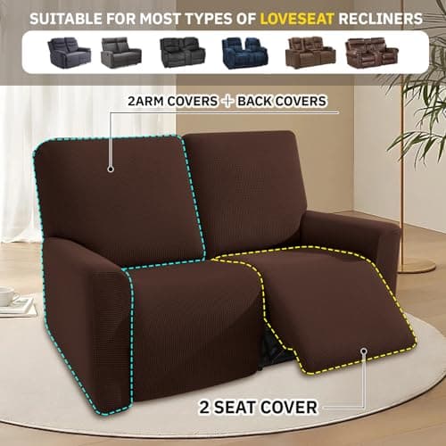 KEKUOU Stretch Recliner Loveseat Covers, 4 Pieces, Chocolate