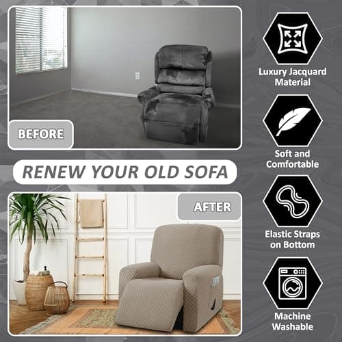 ULTICOR 4-Piece Stretch Recliner Cover, Jacquared for 1 Cushion Reclining Sofa (Taupe)